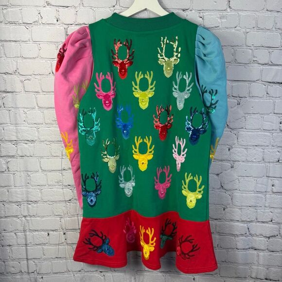 Queen of Sparkles Colorblock Reindeer Embellished Holiday Dress Size Small - Picture 8 of 10